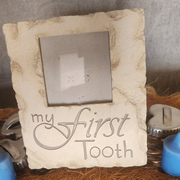 L7 Nwt - My First Tooth - Baby memories - Faux stone 7 x 6" frame 3 x 3 pic - Picture 2 of 5